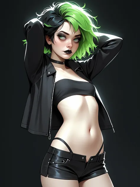 score_9, score_8_up, score_7_up, score_6_up, score_5_up, score_4_up, rating_safe,
BREAK
girl with black hair, short hair, messy hair, tomboy, neon green eyes, black eyeshadow, multicolored hair, neon green hair, black lips, looking away, adult, mature,
BRE...