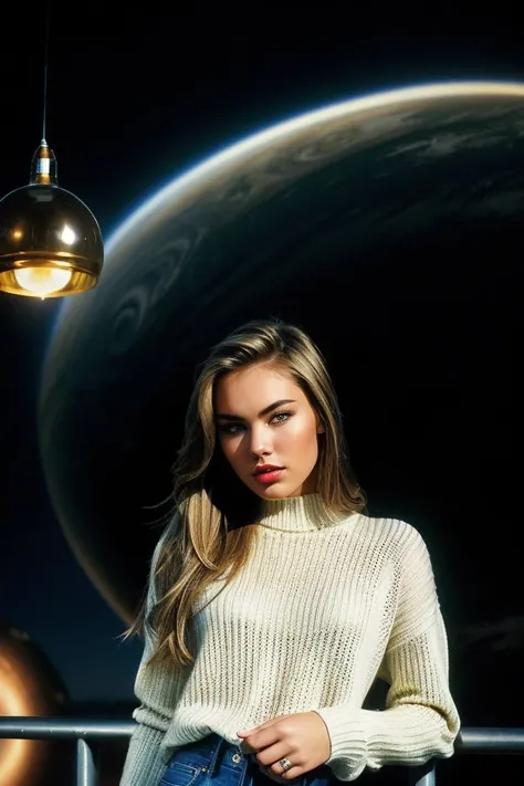 photo of beautiful (V3runka-140:0.99), a woman, perfect hair, (modern photo), wearing a (long sleeved sweater:1.2) and jeans with jewelry, portrait, 85mm, (analog, cinematic, film grain:1.3), (Gas Giant Sky Platform, Floating platform in a gas giant with a...