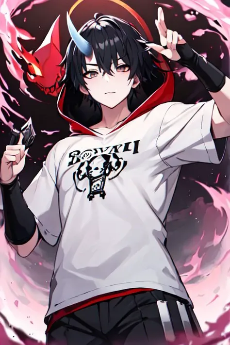 (masterpiece, best quality:1.2), 4K, rev2nd, anime boy, horn, black hair, white t-shirt, black sleeve, black pants, dynamic pose, shoulder guard, hood,