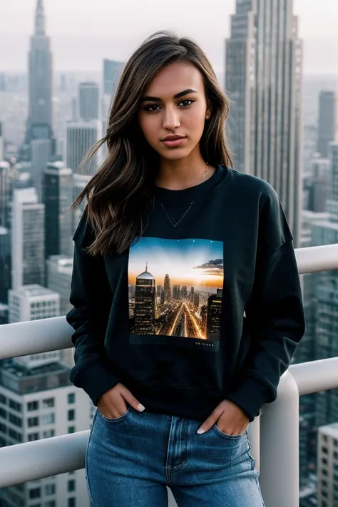 photo of beautiful (J4n1ceGr1ff1thV2-140:0.99), a woman, perfect hair, (modern photo), wearing a (crew neck sweatshirt:1.2) and long pants with jewelry, portrait, 85mm, (analog, cinematic, film grain:1.3), (Future Metropolis, Sprawling cityscape of towerin...