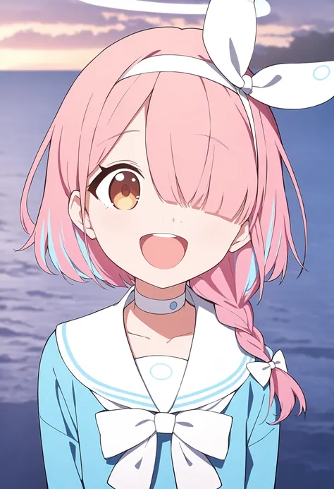 1girl,solo,outdoors,ocean,halo,blue hair,facing viewer,sky,horizon,^ ^,open mouth,cloud,bangs,upper teeth only,white hairband,white sailor collar,white choker,beach,upper body,blue shirt,serafuku,single braid,pink hair,white bow,:d,short hair,white ribbon,...