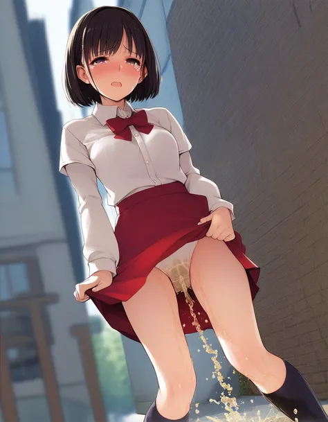 <lora:golden-nectar-xl-pony-beta1:1> 1girl, solo, standing, wetting self, panties, skirt, shirt, medium breasts, source_anime, score_7_up