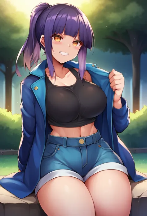 score_9, score_8_up, score_7_up, source_anime, 1girl, solo, park, amber eyes, violet hair, blue jacket, open jacket, black tank top, jean shorts, seated, on a rock, cowboy shot, grin, blush,  big breasts, wide hips, thick thighs, blunt bangs, ponytail, by ...