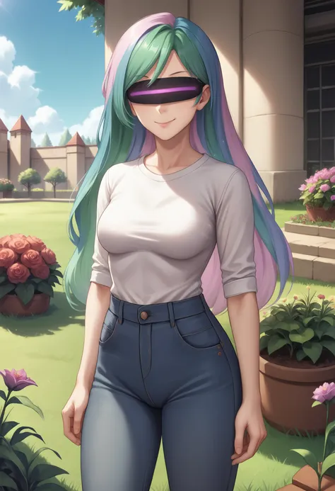 zPDXL, source_anime,
human celestia, jeans, white shirt,
evil smile, evil, closed mouth, 
standing, cowboy shot, evil visor, purple visor, glowing visor, 1girl,
outdoors, garden, grass,
 <lora:evil-visor-006:0.8>