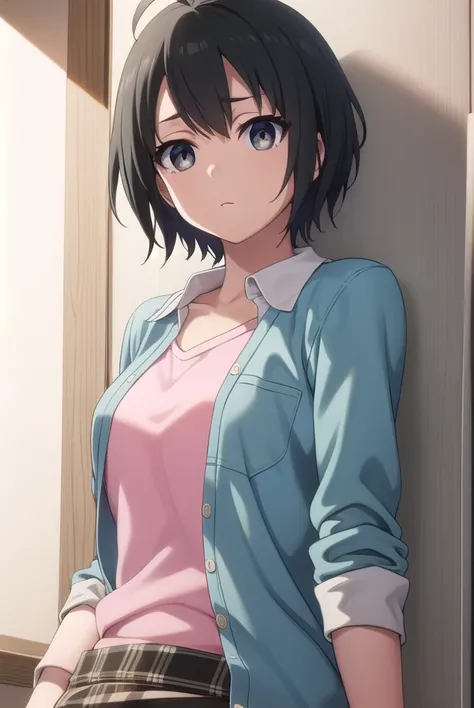 misatoudou, <lora:misa toudou s1-lora-nochekaiser:1>,
misa toudou, short hair, black hair, ahoge, (black eyes:1.3),
BREAK shirt, plaid shirt, open clothes, pink shirt, pants,
BREAK indoors, office,
BREAK looking at viewer, dynamic pose,
BREAK <lyco:GoodHan...