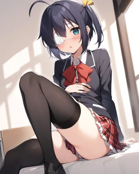 masterpiece,best quality,<lora:takanashi_rikka:1>,1girl,akanashi_rikka,medical_eyepatch,plaid_skirt,one_side_up,skirt,thighhighs,plaid,bow,cross,school_uniform,black_thighhighs,ahoge,