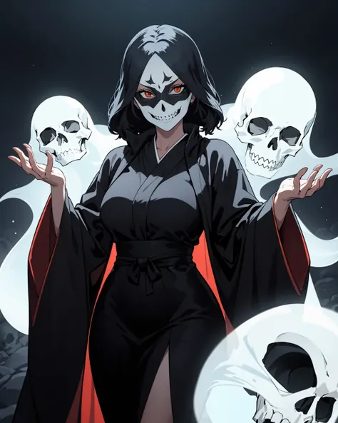 (masterpiece, best quality),night,1girl,mature female,bleach,crazy smile,black robe,mask+ skull ,ghost surrounded,