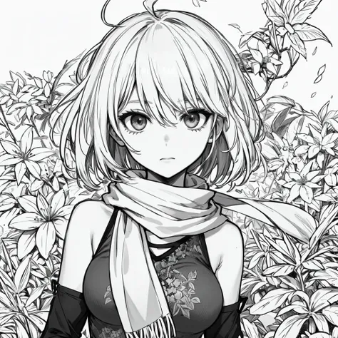 1girl, monochrome, lineart, abstract, flower, leaf, vine, whitework, mature face, white hair, short hair, hair flaps, ahoge, lace tank top, scarf