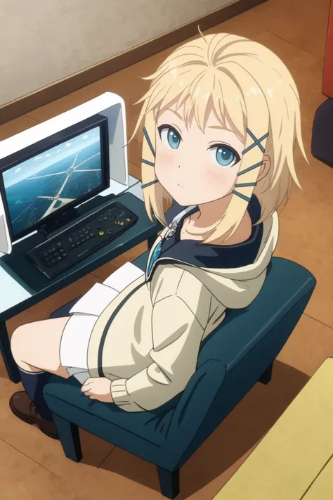 masterpiece, consistent background, indoors, 
 <lora:Black_bullet tina sprout_v2:0.7> tina sprout, sitting on sofa, drone pov, dutch angle, from above, looking at viewer