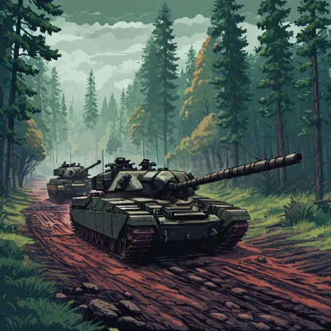 A convoy of chftntank tanks advancing along a muddy forest path, surrounded by dense trees and underbrush, with light filtering through the foliage  ((pulp_comic, heavy_lines, hand_drawn, hand_inked, hand_colored, perfect_face, apxlz))