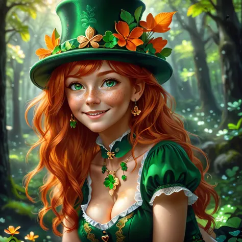 score_9, score_8_up, score_7_up, score_6_up, score_5_up, score_4_up, 1girl, freckles, realistic, orange hair, beautiful eyes, wearing a shamrock necklace, leprechaun top hat, leprechaun woman, lush green irish forest background, rating_safe, shy smile, lus...