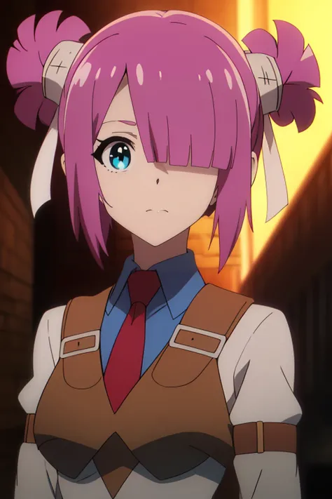 <lora:Laura Sati:0.7> laura sati, 1girl, short_hair, pink_hair, hair_over_one_eye, blue_eyes, purple_hair, hair_bun, twintails, solo,        red_necktie, armor, upper body, best_quality, highres, extremely_detailed, anime perfect detailed style, 8k, master...