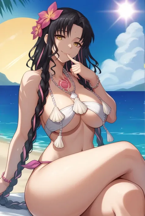 score_9, score_8_up, score_7_up, source_anime BREAK 1girl, solo, looking at viewer, cowboy shot,  <lora:Sessyoin_Kiara_Pdxl-09:1>, Kiara_Swimsuit, yellow eyes, multicolored hair streaked hair, long hair, twin braids, forehead mark, facial mark, hair flower...