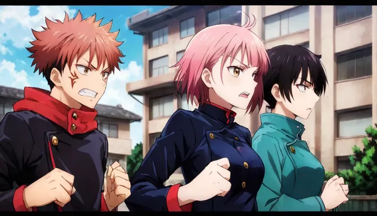 photograph jk3, jujutsu kaisen, 1girl, black hair, multiple boys, 2boys, clenched teeth, brown hair, outdoors, spiked hair, angry, long sleeves, school uniform, pink hair, black jacket, short hair, looking at another, brown eyes, clenched hands, upper body...