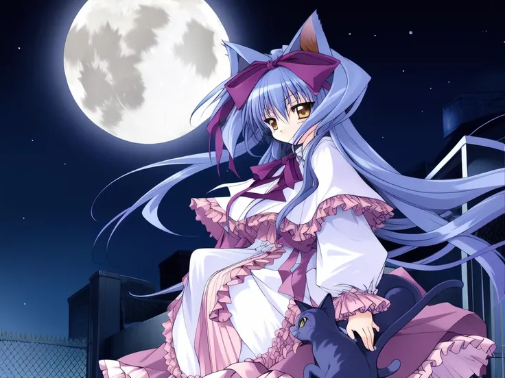 <lora:Shion_IES:0.8>,ShionIES, 1girl, cat, moon, solo, full moon, night, dress, very long hair, long hair, fence, hair intakes, long sleeves, blue hair, black cat, bow, hair bow, frills, sky, ribbon, looking at viewer,
masterpiece, high quality, very_high_...