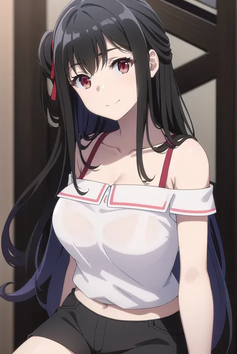 nagisanatsunagi, <lora:nagisa natsunagi s1-lora-nochekaiser:1>,
nagisa natsunagi, long hair, black hair, (red eyes:1.3), very long hair, one side up, smile,
BREAK shirt, cleavage, bare shoulders, collarbone, white shirt, shoes, shorts, off shoulder, short ...