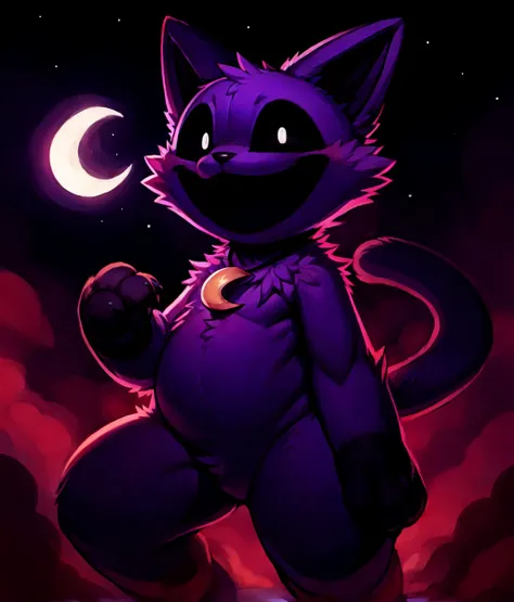 furry,purple cat,black eyes,crazy laugh,black mouth,moon necklace,plush toy,seams,red smoke,no humans,cartoonized,solo,full_body,night,horror (theme),smiling critters,<lora:Role_smiling_critters_v1:0.8>,by wkar,by darkgem,by sssonic2,by whisperingfornothin...