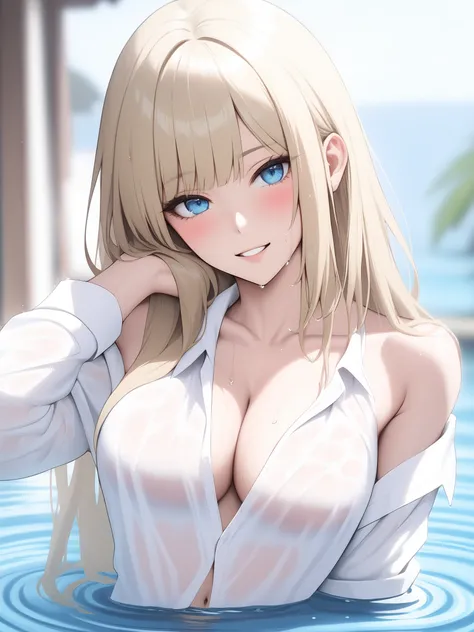 <lora:xl_Korean style(kohaku_delta)-000004:1>,Korean style,1girl, breasts, solo, blonde hair, blue eyes, long hair, navel, large breasts, wet, looking at viewer, parted lips, water, collarbone, wet clothes, see-through, eyebrows visible through hair, open ...