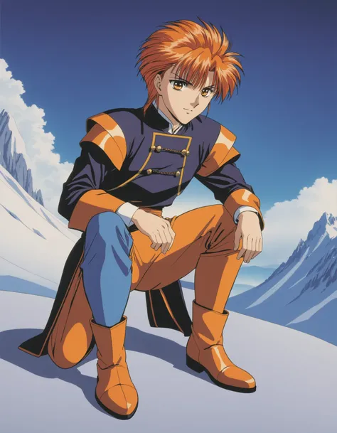 Tasuki (Fushigi Yuugi), solo, looking at viewer, gloves, 1boy, brown eyes, male focus, boots, orange hair, spiked hair, one knee,  retro artstyle, bishounen, 1990s (style), anime coloring, cinematic angle, cinematic lighting, masterpiece, official art, Fus...