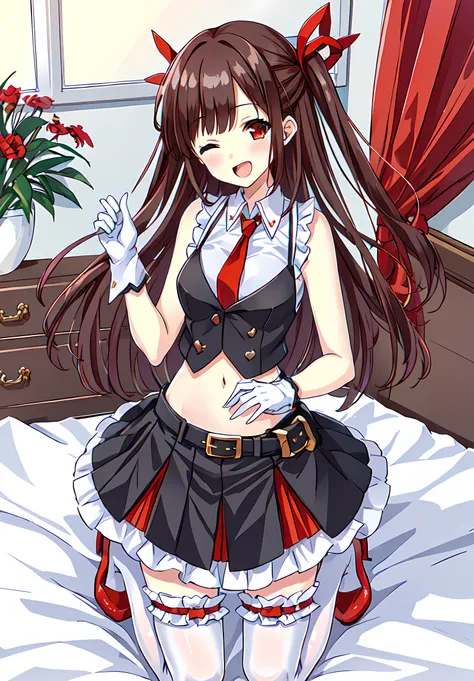 introduce myself,<lora:yuzuriha:0.7>,yuzuriha,1girl,super fine illustration,masterpiece,best quality,bare shoulders,black vest,midriff,white sleeveless shirt,necktie,navel,white gloves,belt,black pleated skirt,red frill,white thighhighs,red high heeled,;d,...