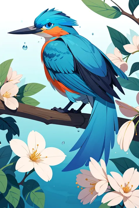 flat vector art,vector illustration, (best quality, masterpiece), superb kingfisher on a branch near budding white cherry flowers, dark, dawn, (chilly early morning:1.1), (morning dew:1.15), realistic photography, (low-key photograph:1.2), detailed, intric...