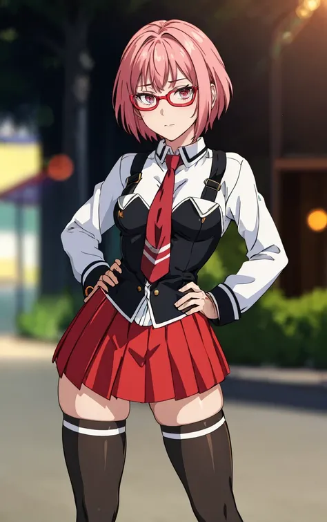 ((masterpiece, best quality)), insaneres, absurdres, solo, outdoors,
CLOTHING_BibleBlack_SchoolDress_ownwaifu, 
1girl, pink hair, short hair, 
black vest, red skirt, white shirt, collared shirt, suspenders, school uniform, black thighhighs, zettai ryouiki,...