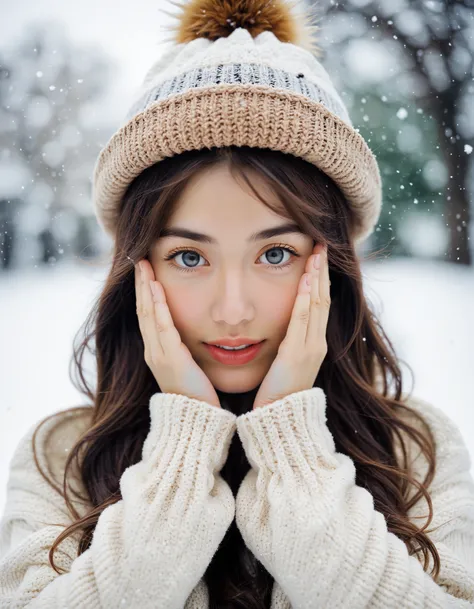 masterpiece, best quality, analogue photo of adult girl, looking at viewer, long hair, sweater, sweater hat, extremely beautiful detailed face, medium breasts, (cute face, temptations look), head shot, hold cheeks with hands, snowing background, high key l...