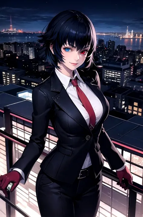 DMC4Lady, suit, black jacket, pants, adjusting gloves, large breasts, collared shirt,  tie, gloves, heterochromia, red eye, blue eye, city, night, rooftop, skyscraper, 1 girl, looking at viewer, masterpiece, best quality, smile, 