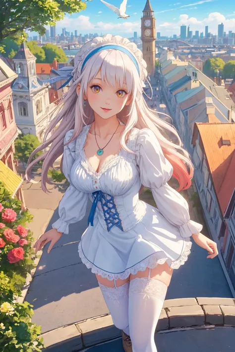 from above view of a girl looking at a colorful Victorian City below, roofs, trees, clock tower, skyline, sea port, white long hair, bangs, collarbone, white dress, loafers, white thigh highs, lace, hairband, necklace, hair spread, blue sky with cloud, sea...