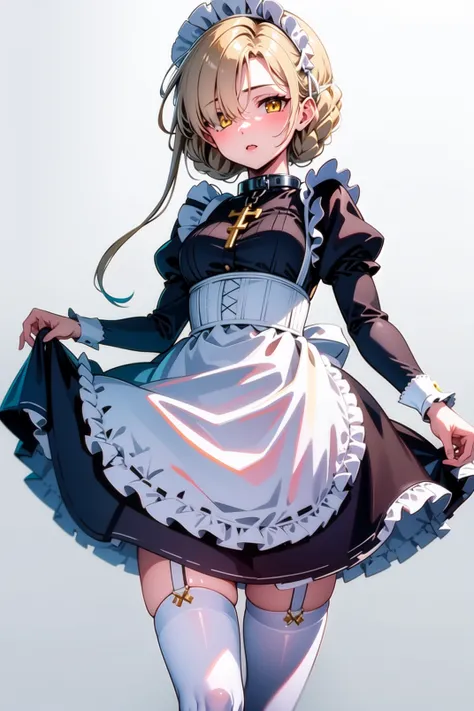 1girl, solo, (masterpiece, best quality), white background, simple background, looking at viewer, sheffield, yellow eyes, short hair, blonde hair, bangs, hair over one eye, braid, ribbon, metal collar, cross, black dress, puffy sleeves, juliet sleeves, fri...