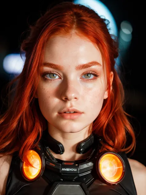 Best quality, Raw photo, face portrait, sci fi, a young woman with fiery red hair. The focus is on her facial features, surrounded by the glow of neon colors, projecting determination and intrigue against a backdrop of the future.