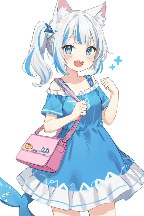 shark tail, fish tail, 1girl, gawr gura, solo, grey hair, tail, teeth, multicolored hair, virtual youtuber, blue eyes, sharp teeth, streaked hair, cat ears, blue hair, animal ears, white background, bangs, looking at viewer, open mouth, smile, blush, hair ...