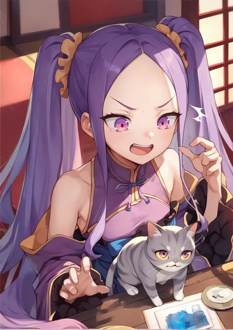 ((scared, surprised, panickincking)), 1girl, cats, long hair, purple hair, purple eyes, ponytails, forehead, smug, smile, chinese clothes, long sleeves, bare shoulders, indoors, <lora:Wu Zetian PA:0.8>, score_9, score_8_up, score_7_up, score_6_up, score_5_...