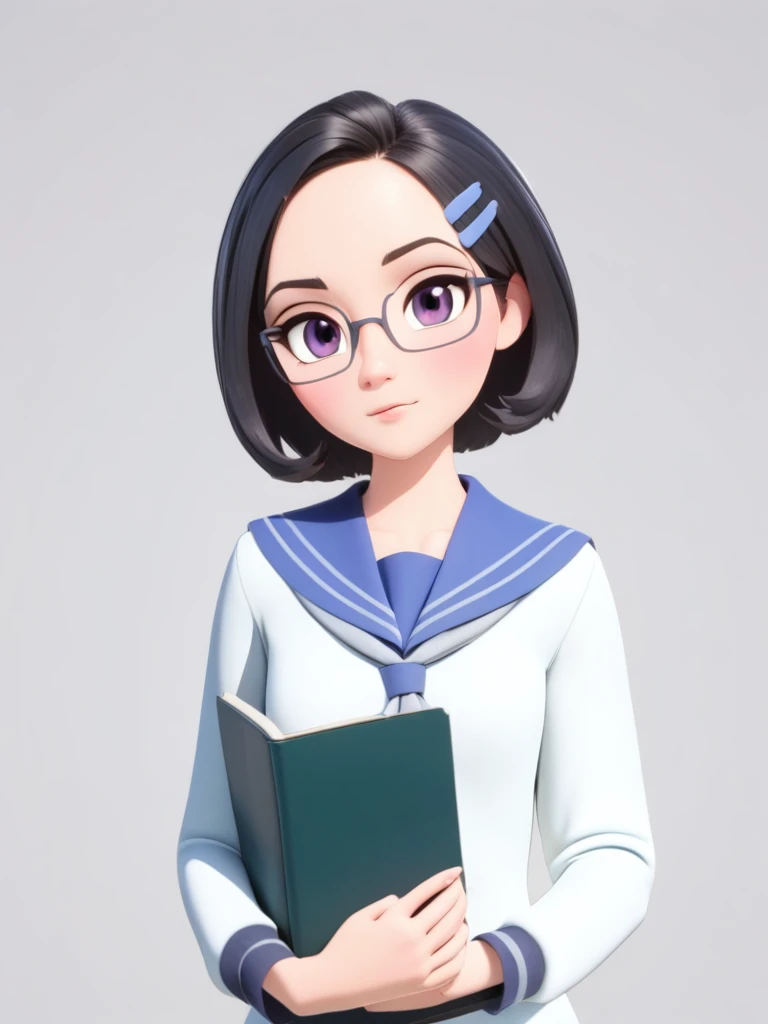 <lora:xl_Disney style(kohaku_delta)-000006:1>,Disney style,3d,girl, solo, glasses, black hair, book, hair ornament, hairclip, looking at viewer, school uniform, simple background, holding, grey background, adjusting eyewear, short hair, open book, holding ...