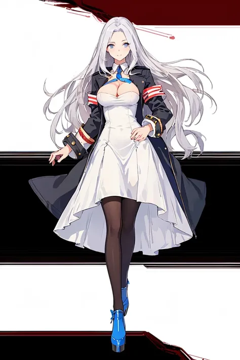 <lora:YorktownAZ:1>YorktownAZL, 1girl, solo, long hair, breasts, looking at viewer, blue eyes, large breasts, long sleeves, dress, cleavage, full body, white hair, pantyhose, necktie, white dress, coat, black pantyhose, military, rose, high heels, armband,...