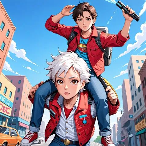 In a dynamic, anime-style scene, Marty McFly, the adventurous teenager from "Back to the Future," is depicted carrying the eccentric scientist, Doc Brown, on his back. Both characters are drawn in vivid detail, reflecting their iconic 1980s attire, with Ma...