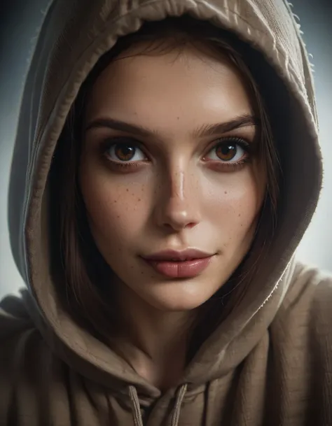 1woman, wearing a cloth hood, mysterious, beautiful brown eyes, large lips, realistic, beautiful eyes, high quality, extremely detailed, freckles, smiling <lora:ral-ertmsphr:1> ral-ertmsphr