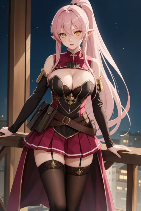 masterpiece, best quality, 
<lora:ariane-11:0.7> ariane, yellow eyes, long hair, pointy ears, hair between eyes, sidelocks, very long hair, high ponytail, pink hair, 1girl, solo, breasts, skirt, large breasts, thighhighs, cleavage, detached sleeves, belt, ...