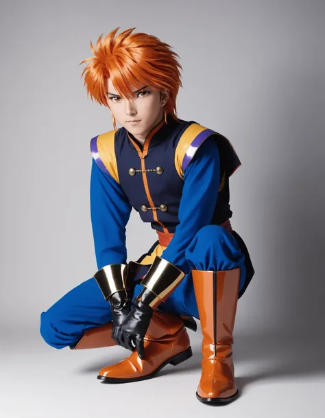 Tasuki (Fushigi Yuugi), solo, looking at viewer, gloves, 1boy, brown eyes, male focus, boots, orange hair, spiked hair, one knee, cinematic angle, cinematic lighting, masterpiece, official art, Fushigi Yuugi Style, <lora:Fushigi_Yuugi_Animaginexl:1>