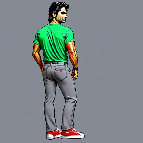 back side, John Stamos wearing a green t-shirt gray pants and red sneakers