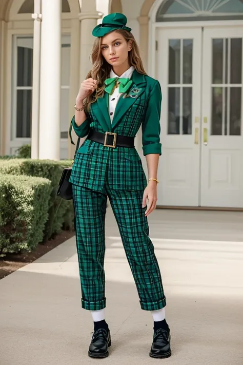 <lora:spc_01a:0.7>,1girl,spc,(green suit:1.2),green plaid trousers,black belt,black shoes,green bowtie,yellow shirt,black and white stripe socks,green hat,park,Standing with hand on hip,