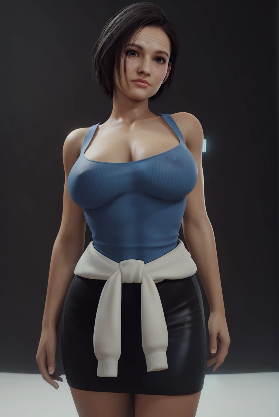 masterpiece, detailed quality, 1girl,  black background, score_9, source_anime, score_8_up, score_7_up, x3dce, 3d, looking at viewer, <lora:X3dCE_PDXL:.8> jill_valentine, blue top, black skirt, cowboy shot, sweater around waist, bare shoulders