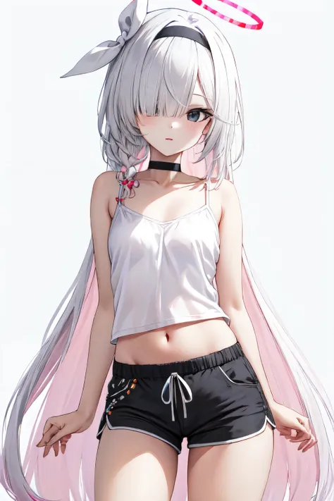 <lora:plana_blue_archive_goofy_v1:0.7>plana ba, solo, looking at viewer, camisole, shorts, white background, black shorts, navel, 1girl, short shorts, simple background, very long hair, choker, halo, midriff