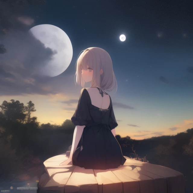 girl sitting on a small hill looking at night sky, fflix_dmatter, back view, distant exploding moon made of ral-vlntxplzn, ultra-realistic, extremely detailed