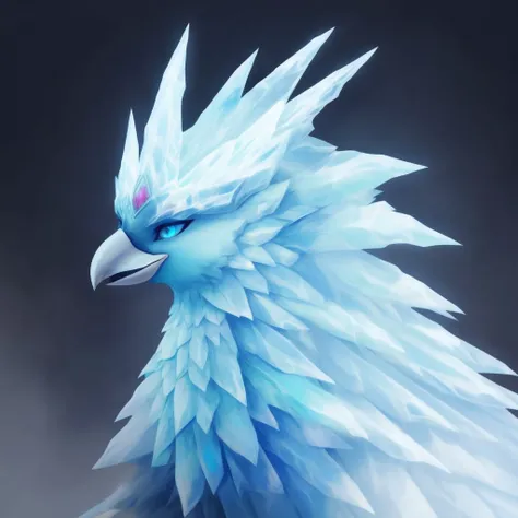 1girl,
solo,
feral,
avian,
phoenix,
ice,
icicle,
body made of ice,
<frozen body:1.5>,
jewel,
red jewel,
head ornament,
jewl on head,
simple background,
 <lora:Anivia_LOL-08:1> anivia_lol