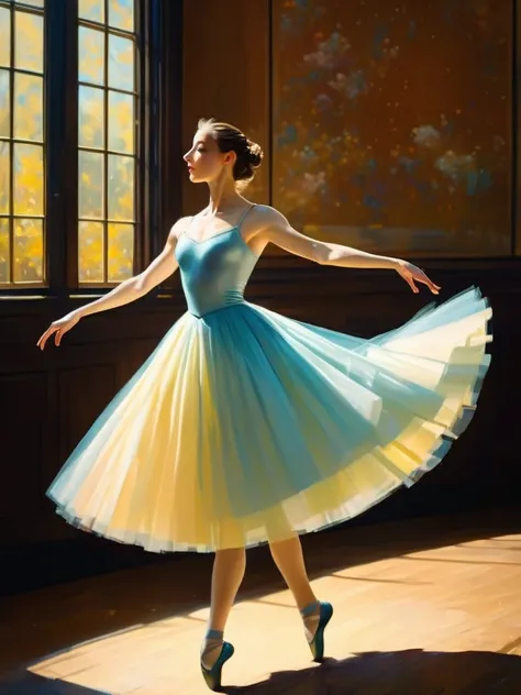 Impressionist full-body oil painting of a ballerina in mid-twirl, her delicate dress catching the light, capturing the movement and fluidity of the moment, by Edgar Degas and Claude Monet, cinematic composition, trending on ArtStation. , full body