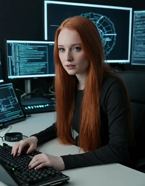 Sophie Lloyd, the captivating, long-haired, redhead hacker, sat in her immersive realistic office, her pale skin glowing as she meticulously wrote intricate computer code and explored the fascinating world of electronics experimentation. Every detail was c...