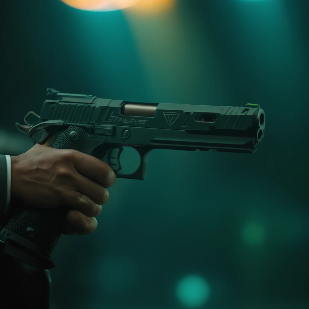 cinematic film still of  <lora:STI 1911:0.8>
STI 1911 pistol hand gun weapon, a close up of a gun with a blurry background,weapon,blurry,gun,no humans,depth of field,handgun,science fiction ,action film style, closeup, shallow depth of field, vignette, hig...