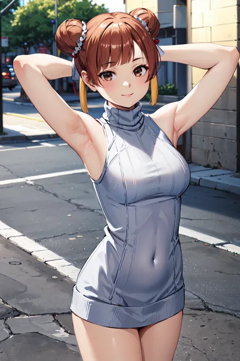 masterpiece,best quality,highres,ultra-detailed,laufen,short hair,double bun,blunt bangs,hair ornament,brown eyes,<lora:laufen:0.7>,(sweater:1.4),(turtleneck:1.4),street,smile,standing,(sleeveless:1.4),arm_behind_head,arms_up,cowboy shot,no pants,