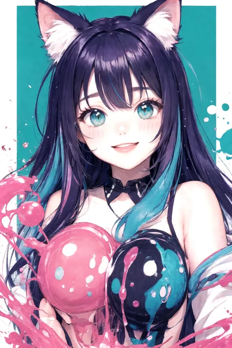 <lora:LCM_LoRA_Weights_SD15 - Copy:0.37>, geometric lines, ink splashes, colorful hair, multicolor hair, green eyes, big excited smile, blush, head tilt, cat ears, border